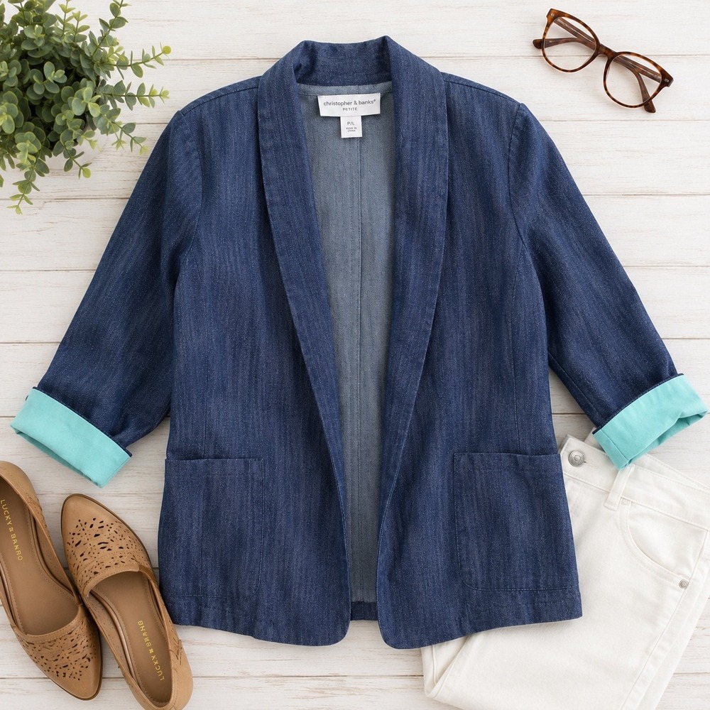 Christopher & Banks blue Denim open petite large Blazer jacket Cuffed capsule